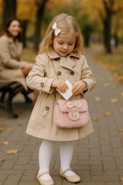 Axesoire NWC-019 Teddy Kumaş Gold Aksesuar Fiyonk Detaylı Pembe Askılı Çocuk Çantası