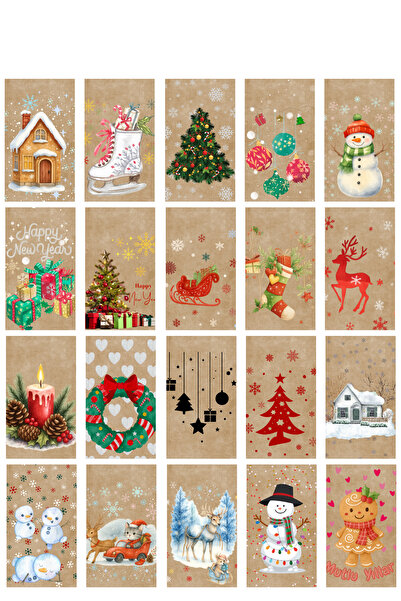 Dekals 20 Farklı Model Etiket Hediye Poşeti Delikli Etiket Yılbaşı Temalı Grafikler (Sadece Etiket)