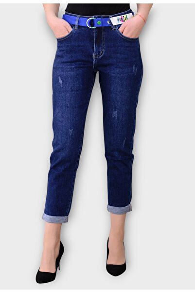Elis Fashion Women's Navy Blue Boyfriend Jeans with Mid Waist and Belt