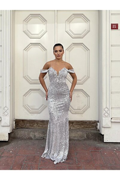 Modafeminen Trend Band Kol Velvet Fish Dress Gray 583198