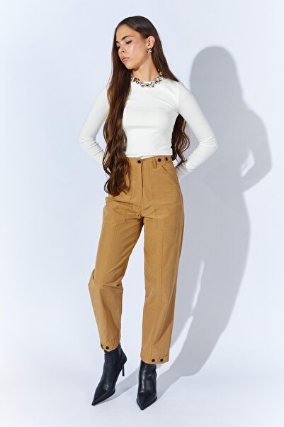 TENA Women's Camel Waist Buttoned Double Stitched Trousers