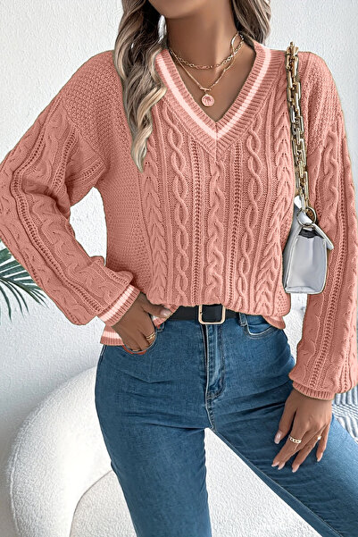 hanope Women's Striped V-Neck Knitted Patterned Sweater Powder