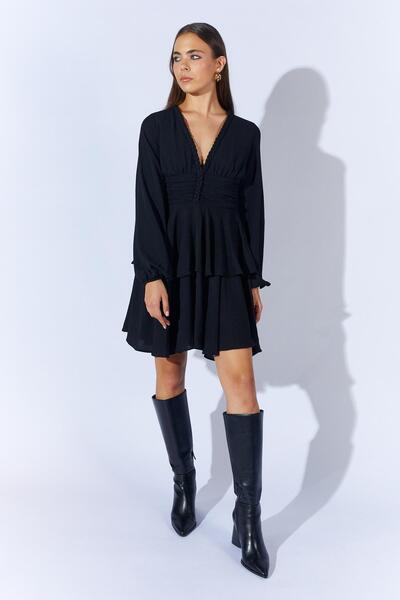 TENA Women's Black 5633 V-Neck Knitted Detailed Layered Dress