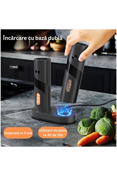 nuvora Set 2 rasnite electrice pentru sare si piper, NUVORA, Reincarcabile, Cablu USB, lumina LED, Perie cu