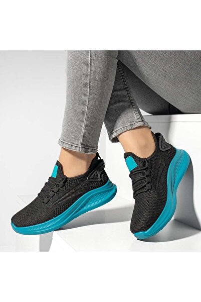 BMoD Pantofi sport cu talpă groasă pentru femei, negri și albastru deschis, M...