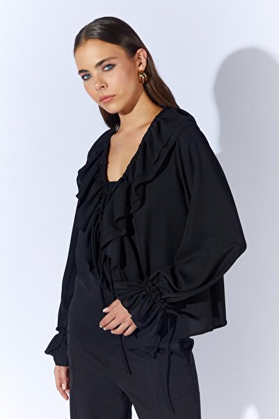 TENA Women's Black Tn023 Chiffon Blouse with Ruffles on the Front and Tie-Up Sleeves