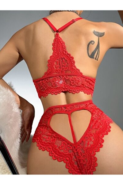 IVYRAE Women's Red Lace Patterned High Waist Bralet Panty Set