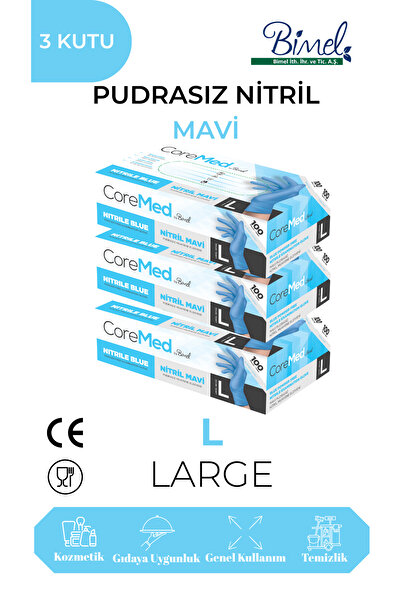 Bimel COREMED Nitril Mavi Muayene Eldiveni L - 3 Paket 100 lü