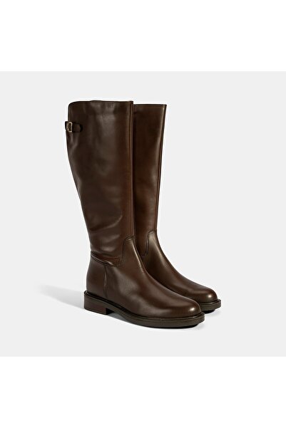 Desa Women's Brown Leather Boots with Metal Buckle Detail