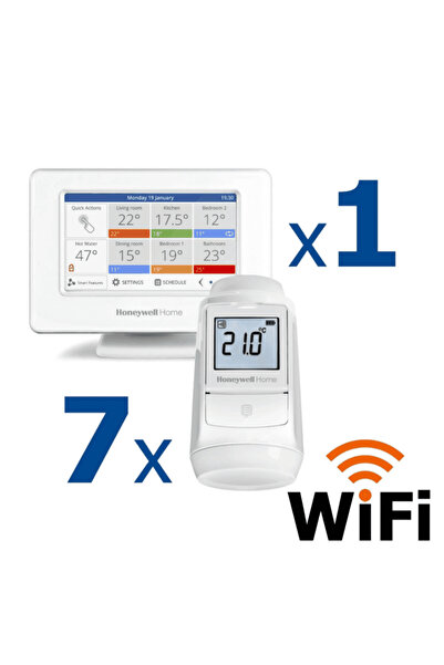Honeywell Home Kit termostat de ambient si 7 capete termostat smart pentru calorifer Honeywell Home, Wi-Fi, cont...