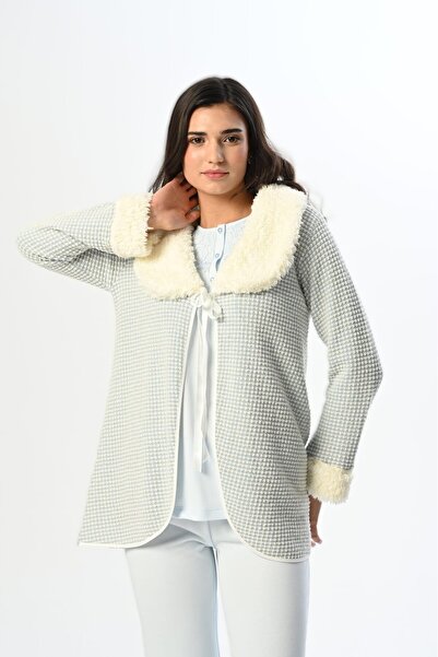 LOHOUSE Kadın Mavi Dantelli Şal Yaka Polarlı Kışlık Lohusa Hamile Sabahlıklı 3'lü Lohusa Pijama Takım Set