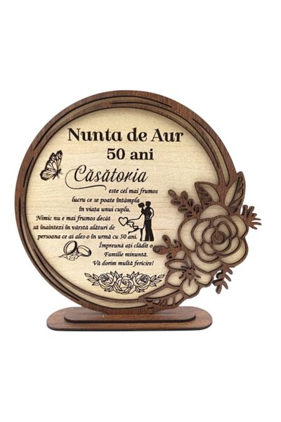 OEM Cadou personalizat de nuntă aurie din lemn cu ramă de trandafir - 22 cm, ...