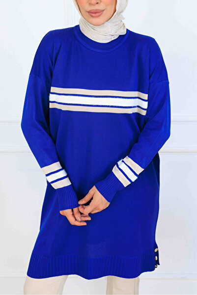 benguen Tunica mercerizata cu detaliu cu dungi K5020 Saks Blue