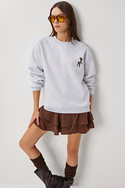 Lovelyİstanbul Πλεκτό φούτερ με κέντημα Oversize LZV0036 ΓΚΡΙ ΜΕΛΑΝΙ