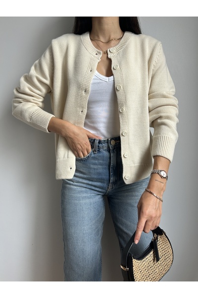 LOTUS CITY Beige Crew Neck Buttoned Knit Cardigan