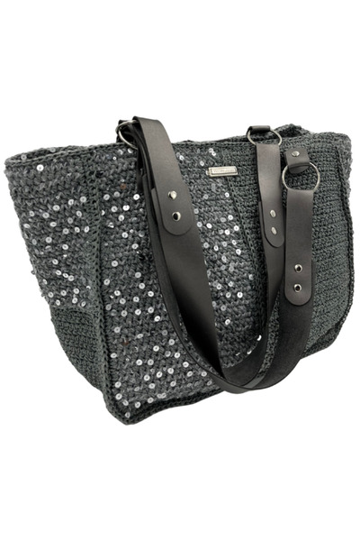 Wowolayn el örgüleri Deri Askılı Gri Pullu Hasır Omuz Çantası