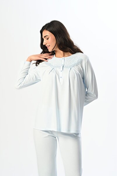 LOHOUSE Kadın Mavi Dantelli Şal Yaka Polarlı Kışlık Lohusa Hamile Sabahlıklı 3'lü Lohusa Pijama Takım Set