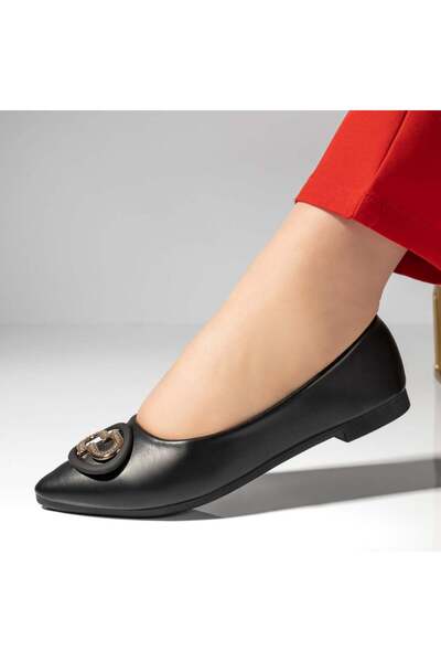 BMoD Balerini negri pentru femei cu accesoriu decorativ și talpă plată MOD13040