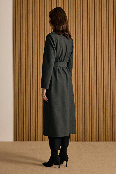 Aker Çizgili Seyyar Şallı Kruvaze Kapama Pardösü