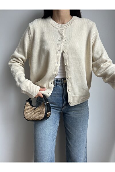 LOTUS CITY Beige Crew Neck Buttoned Knit Cardigan