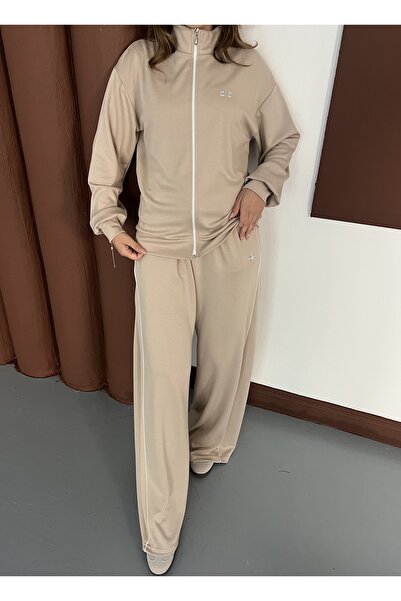 BELISTIL Bej Dik Yaka Modal Fermuarlı Geniş Paça Eşofman Takımı