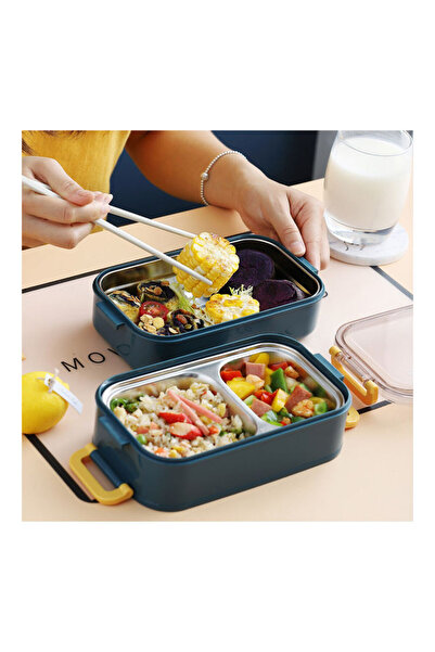 SMİLEE Bento Lunch Box With Divider 22x11x12 cm Stainless Steel Blue 1600ml