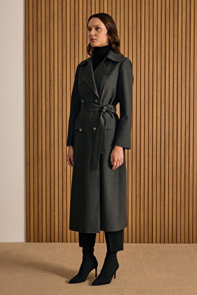 Aker Çizgili Seyyar Şallı Kruvaze Kapama Pardösü