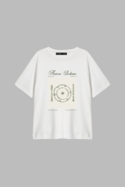 CİNEMA MODA Tricou alb pentru femei Maison Boheme cu imprimeu Relaxed Fit