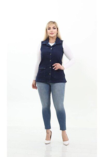 Işşıl 300-Великий розмір Еластична джинсова жилетка з кишенями