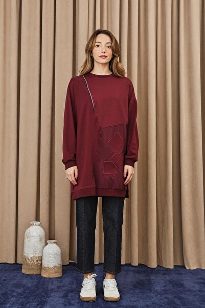 Puane Women's Zipper and Applique Detailed Tunic - 10734Tun - Burgundy