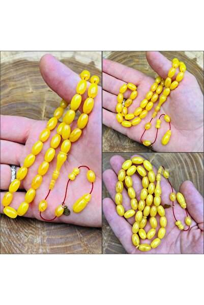TESBİH ADAM Almond Model Yellow Crimped Amber Rosary7/12Mm