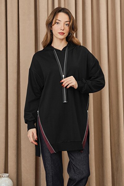Puane Kadın Fermuar Detaylı Tunik - 10731TUN - BLACK-BURGUNDY