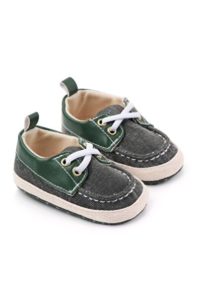 BebeNou Pantofi de bebeluși din denim gri-beton cu accente verzi chd2408-1-va4