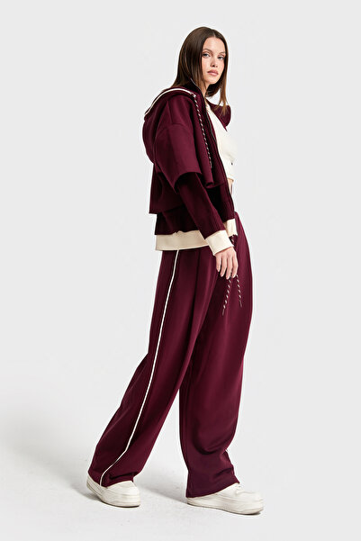 its basic Kadın Bordo Renk w5-35 Örme Kumaş Polar ve Eşofman Alt Üst 2'li Tasarım Takım