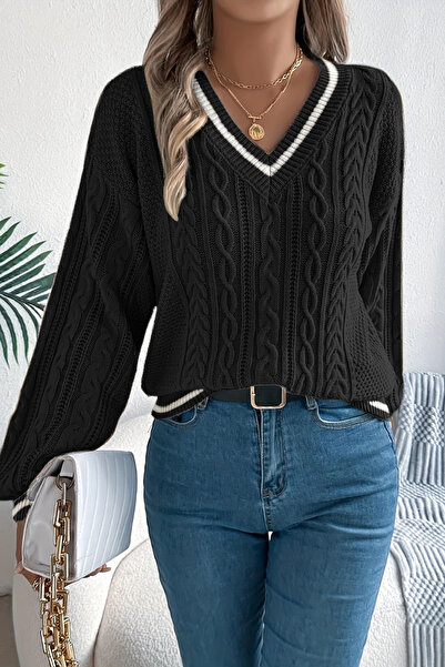 hanope Pulover de damă cu dungi cu decolteu în V tricotat cu modele negru