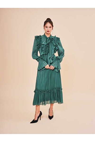 SERPİL Fırfır Detaylı Fiyonk Yakalı Saten Midi Elbise 50392