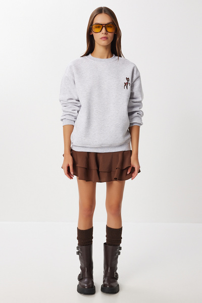 Lovelyİstanbul Πλεκτό φούτερ με κέντημα Oversize LZV0036 ΓΚΡΙ ΜΕΛΑΝΙ