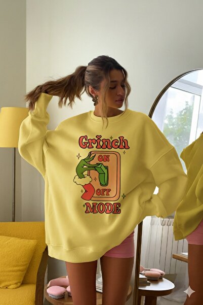 The Champ Clothing Rochie oversize pentru femei, cu imprimeu Grinch Mode, galben – cu gât rotund, fleece cu 3 fire
