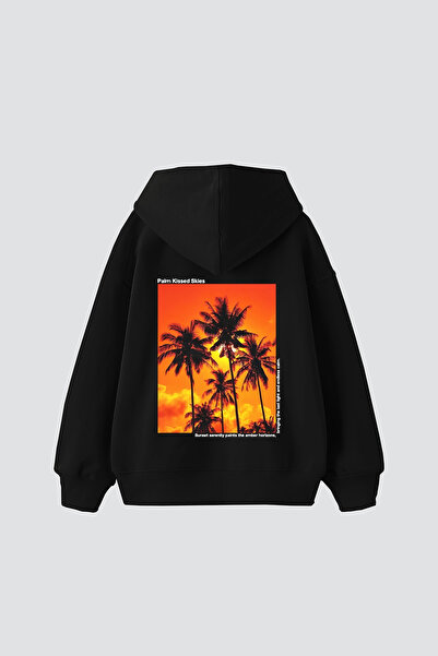 Sekizbiraltı Palm Kissed Printed Oversize Unisex Black Hoodie
