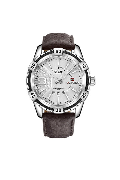 Naviforce Men's Watch Silver Quartz Leather Strap Date Analog