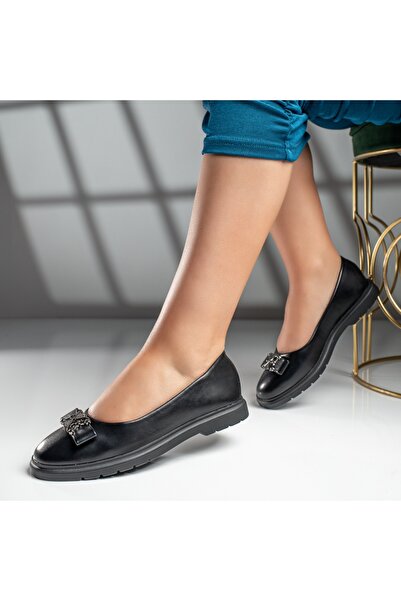 Modlet.ro Balerine negre pentru femei cu fundă și detalii metalice MOD11659