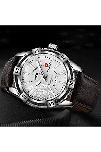 Naviforce Men's Watch Silver Quartz Leather Strap Date Analog