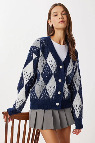 Lovelyİstanbul Baklava Patterned Beaded Knitwear Cardigan Lan0080 Dark Blue