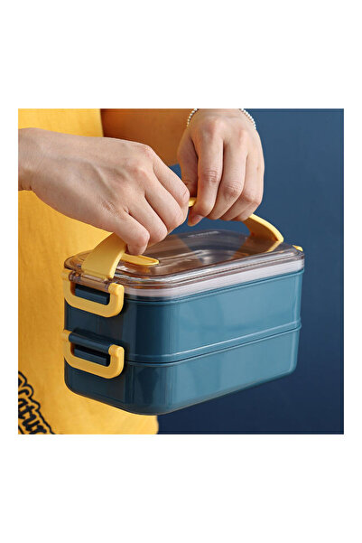 SMİLEE Bento Lunch Box With Divider 22x11x12 cm Stainless Steel Blue 1600ml