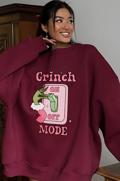 The Champ Clothing Жіночий оверсайз-светр-сукня Grinch Mode з принтом бордового кольору – велосипедний комір, 3 нитки шерстяної флісової тканини
