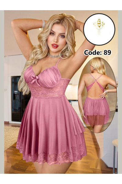 Nice Model Luxury Satin Babydoll Dress with Lace Panel & Cross Back Straps Women Romantic Nightwear Set