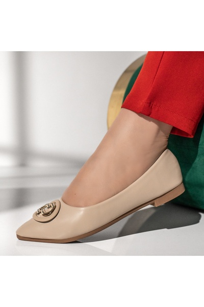 BMoD Balerini bej pentru femei cu accesoriu decorativ și talpă plată MOD13040