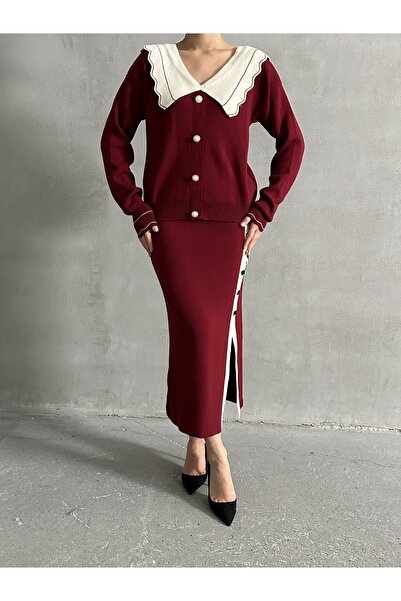 BEJNA Women's Burgundy Baby Collar Knitwear Set