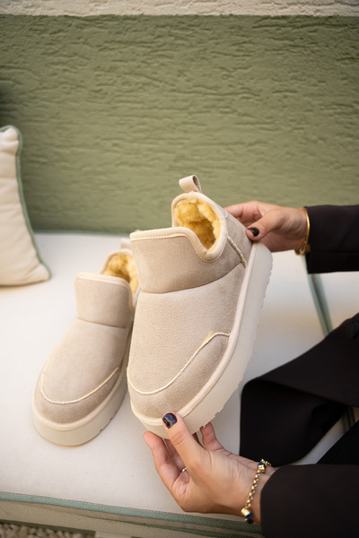 LAMİNTA Mayra Beige Suede Fur Lined Thick Sole Women's Boots