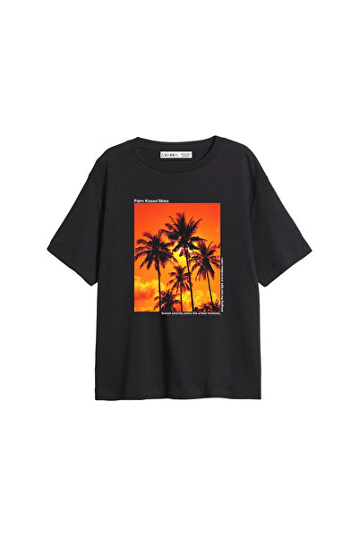 CİNEMA MODA Tricou negru pentru femei, cu imprimeu Palm Kissed, cu potrivire ...